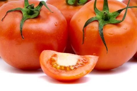 Tomato closeup on white background. Selective focus Stock-Fotos