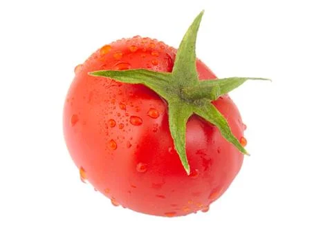 Tomato with drops isolated on a white background Stock Photos