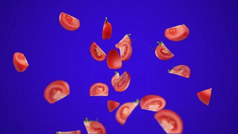 Tomato explode into juicy slices flying and spinning, camera orbit Видео 138823241