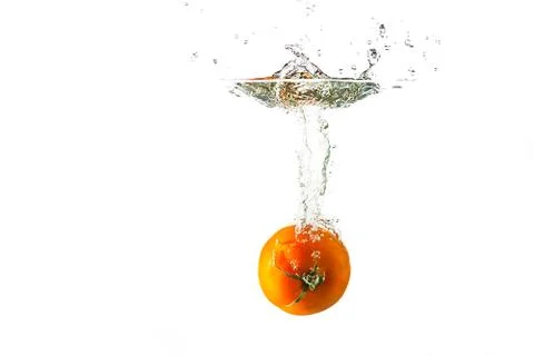 Tomato falling into the water with splash isolated on white background. Foto stock