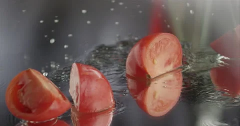 The tomato falls and breaks into four slices on mirror surface Stock Footage 199022713