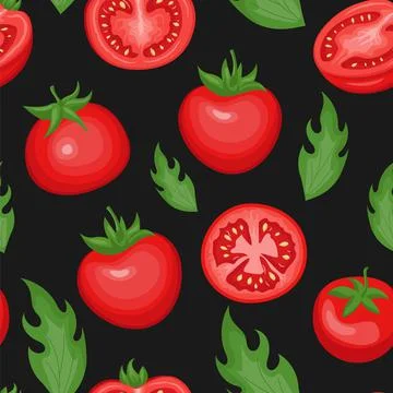 Tomato food pattern, cherry vegetable and leaves isolated on black. Floral ga 스톡 일러스트