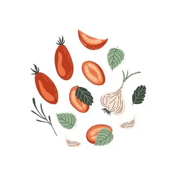 Tomato, garlic and basil. Set of fresh vegetables. Illustrazione stock