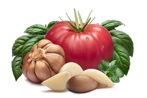 Tomato, garlic, basil, paths Stock Photos