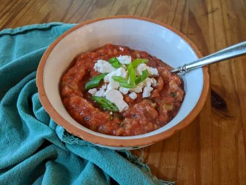 Tomato gazpacho soup with cheese scallions Stock Photos