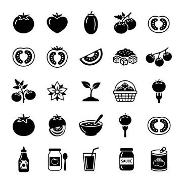 Tomato icon set black vector illustration including whole fruit, slices, sa.. Stockillustratie