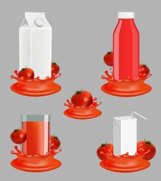 Tomato juice package vector realistic mockup set Stock Illustration