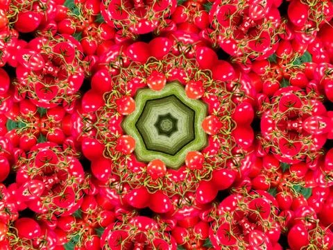 Tomato kaleidoscope pattern creating abstract food art design Stock Photos