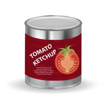 Tomato ketchup, tomato paste in a tin can, 3d realistic style. Canned red sauce Stock Illustration