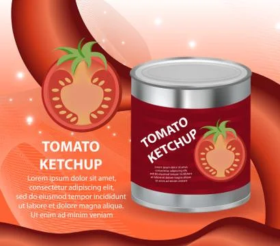 Tomato ketchup, tomato paste in a tin can, 3d realistic style. Canned red sauce Stock Illustration