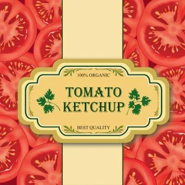 Tomato label. Sliced tomatoes background. Vegetable sign. Stock Illustration