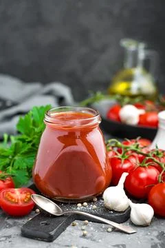 Tomato paste and fresh tomatoes, tomatos puree Stock Photos