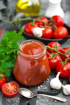 Tomato paste and fresh tomatoes, tomatos puree Stock Photos