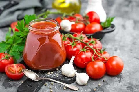 Tomato paste and fresh tomatoes, tomatos puree Stock Photos