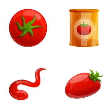 Tomato paste icons set cartoon vector. Red vegetable and can of tomato paste Stock Illustration
