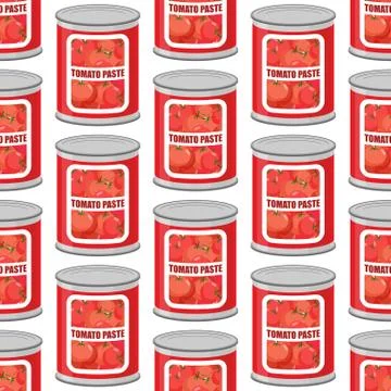 Tomato paste seamless pattern. Cans texture. Iron pot with tomatoes Stock Illustration