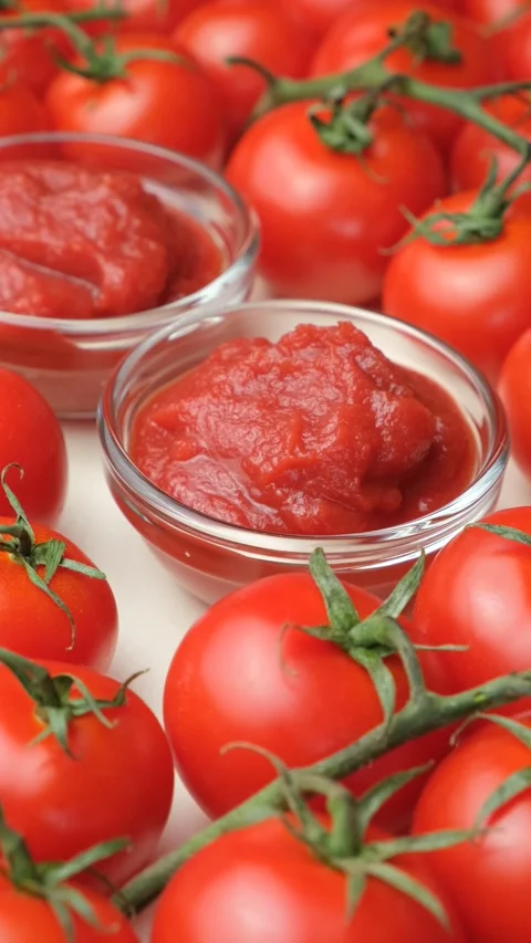 Tomato Paste in Small Glass Bowls. Vertical Rotation of Cooking Ingredient. Stock Footage 315576349