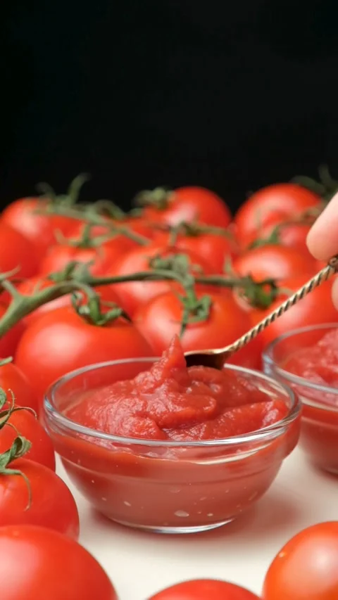 Tomato paste is spooned, a natural cooking sauce made from tomatoes, vertical Stock-Footage 313133387