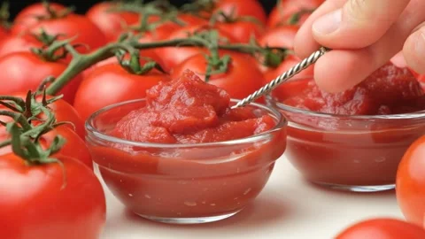 Tomato paste is spooned, a natural cooking sauce made from tomatoes, slow motion Stock-Footage 314740791