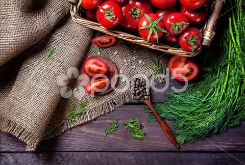 Tomato, pepper and herbs Stock Photos