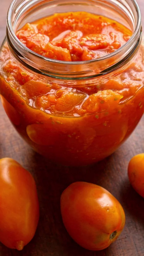 Tomato puree made from unique Orange Banana heritage tomatoes Stock-Footage 345610339