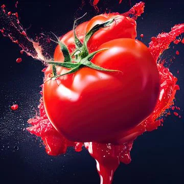 Tomato red sauce explosion, splash through flying tomatoes. Ketchup, passata, Illustrazione stock