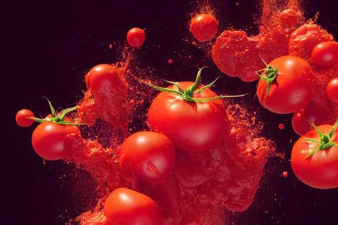 Tomato red sauce explosion, splash through flying tomatoes. Ketchup, passata, Иллюстрация