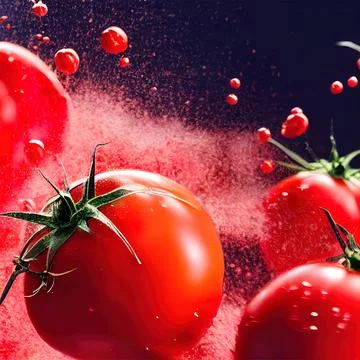 Tomato red sauce explosion, splash through flying tomatoes. Ketchup, passata, Illustrazione stock