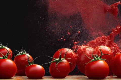 Tomato red sauce explosion, splash through flying tomatoes. Ketchup, passata, Stock Illustration