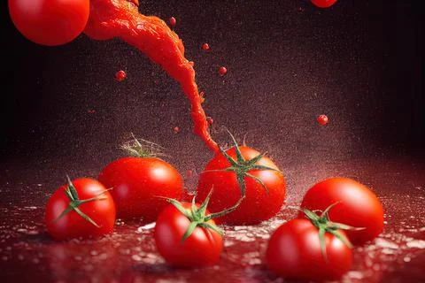 Tomato red sauce explosion, splash through flying tomatoes. Ketchup, passata, Illustrazione stock