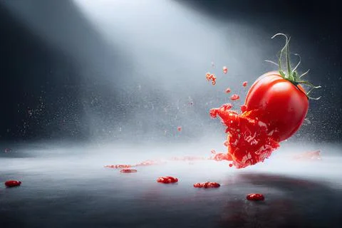 Tomato red sauce explosion, splash through flying tomatoes. Ketchup, passata, Stock Illustration