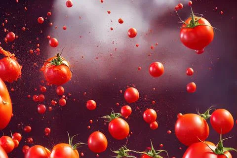 Tomato red sauce explosion, splash through flying tomatoes. Ketchup, passata, Stock Illustration