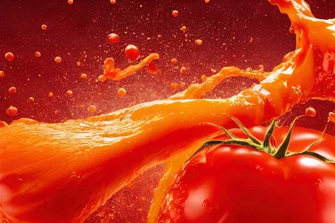 Tomato red sauce explosion, splash through flying tomatoes. Ketchup, passata, Ilustração Stock