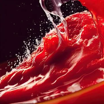 Tomato red sauce explosion, splash through flying tomatoes. Ketchup, passata, Illustrazione stock
