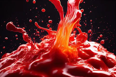 Tomato red sauce explosion, splash through flying tomatoes. Ketchup, passata, Ilustração Stock