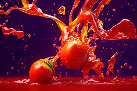 Tomato red sauce explosion, splash through flying tomatoes. Ketchup, passata, Stock Illustration