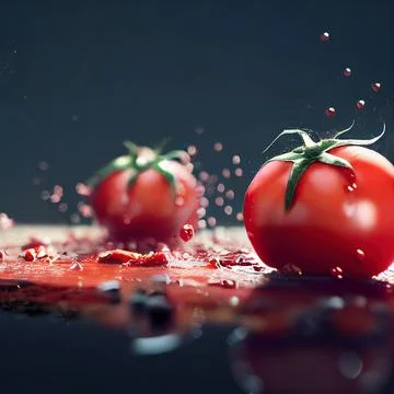 Tomato red sauce explosion, splash through flying tomatoes. Ketchup, passata, Illustrazione stock