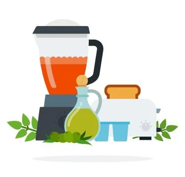 Tomato sauce in a blender, toaster with bread, olives, sprigs of basil and olive Stock Illustration