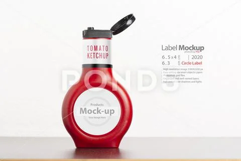 Tomato sauce bottle with cap on black table mock-up series PSD Template
