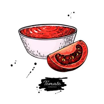 Tomato sauce Drawing. Vector isolated illustration with bowl full of pasta .. Stock Illustration