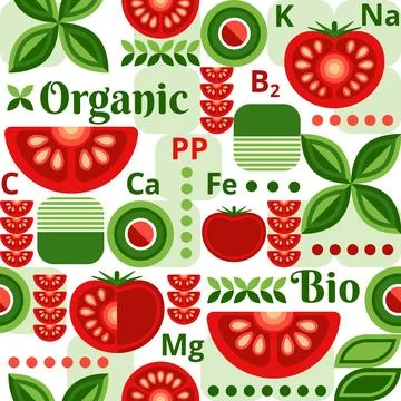 Tomato seamelss background with design elements in simple geometric Stock Illustration
