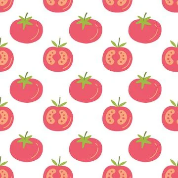 Tomato seamless pattern with cute hand drawn whole and cut vegetable slices on Stock Illustration