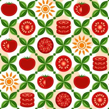 Tomato seamless pattern with design elements in simple geometric style. イラスト素材