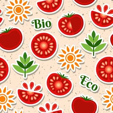 Tomato seamless pattern with design elements in simple geometric style. 스톡 일러스트