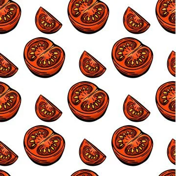 Tomato seamless pattern in Mediterranean hand drawn sketch style Stock Illustration