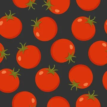 Tomato Seamless Pattern, Vector Illustration. Red Tomatoes on Black Background Illustrazione stock