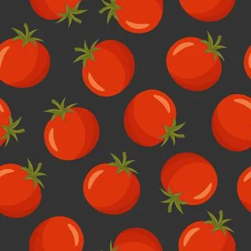 Tomato Seamless Pattern, Vector Illustration. Red Tomatoes on Black Background Illustrazione stock
