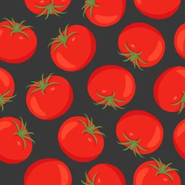 Tomato Seamless Pattern, Vector Illustration. Red Tomatoes on Black Background Stock Illustration