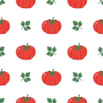 Tomato Seamless Pattern, Vector Illustration. Red Tomato and Green Parsley Stock Illustration