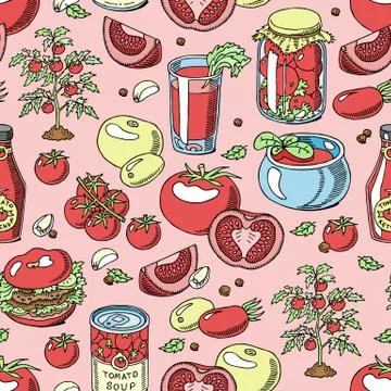 Tomato seamless pattern vector juicy tomatoes food sauce ketchup soup and paste Stock Illustration